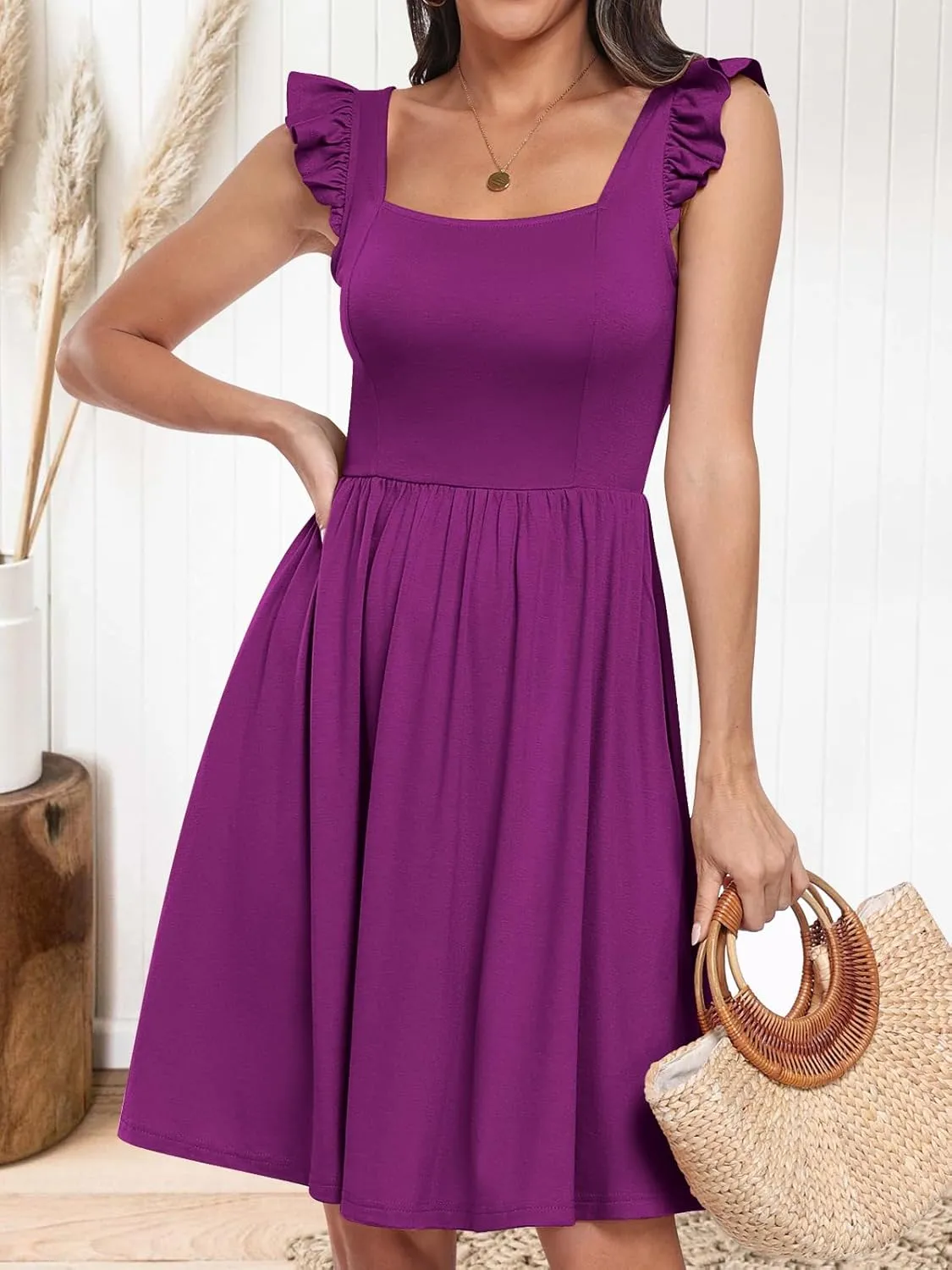 ANRABESS Womens Summer Short Dress 2025 Square Neck Sleeveless A Line Ruffled Wedding Casual Cute Teen Beach Mini Sundress