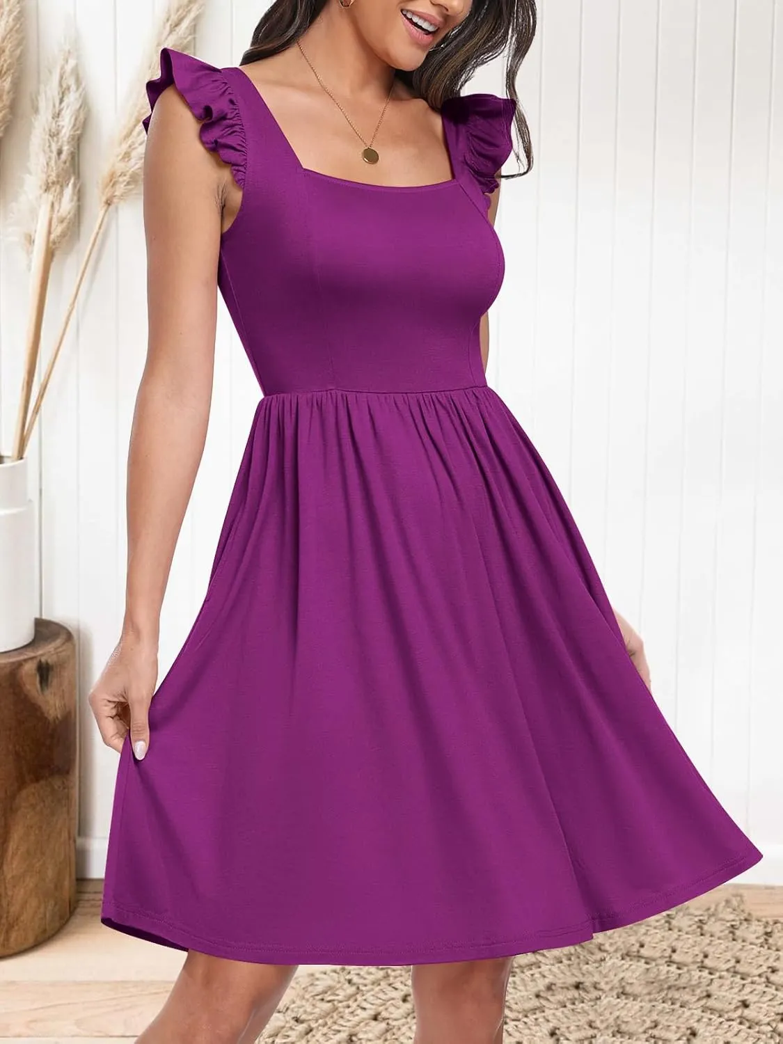 ANRABESS Womens Summer Short Dress 2025 Square Neck Sleeveless A Line Ruffled Wedding Casual Cute Teen Beach Mini Sundress