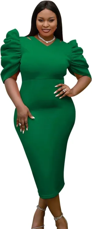 AOMEI V Neck Half Sleeve Business Bodycon Midi Dress Cut Out Shoulder 4XL 3XL 2XL Plus Size Woman Clothes for Office Ladies