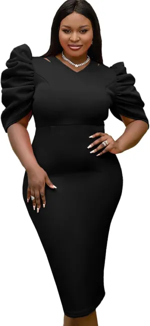 AOMEI V Neck Half Sleeve Business Bodycon Midi Dress Cut Out Shoulder 4XL 3XL 2XL Plus Size Woman Clothes for Office Ladies