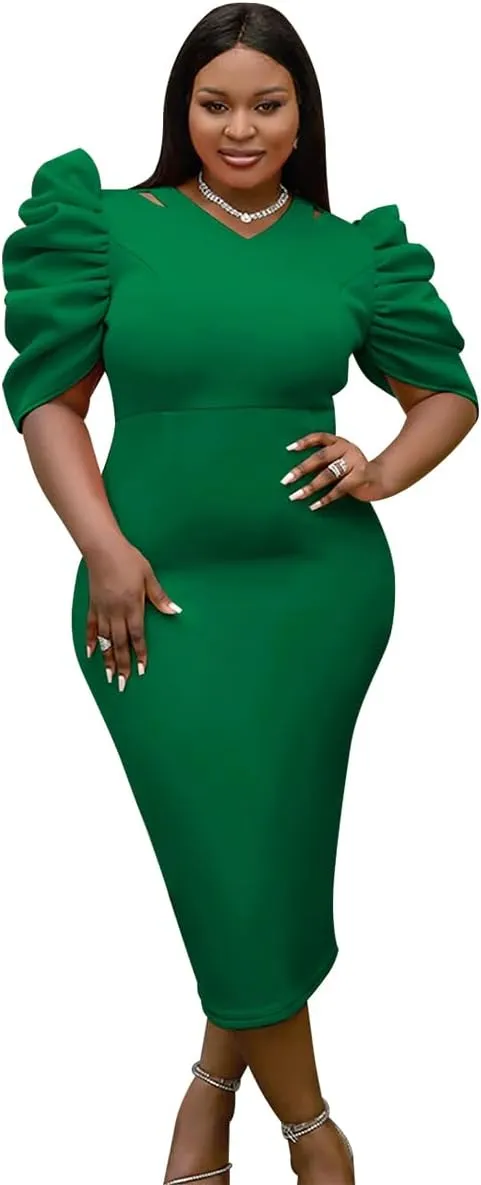 AOMEI V Neck Half Sleeve Business Bodycon Midi Dress Cut Out Shoulder 4XL 3XL 2XL Plus Size Woman Clothes for Office Ladies