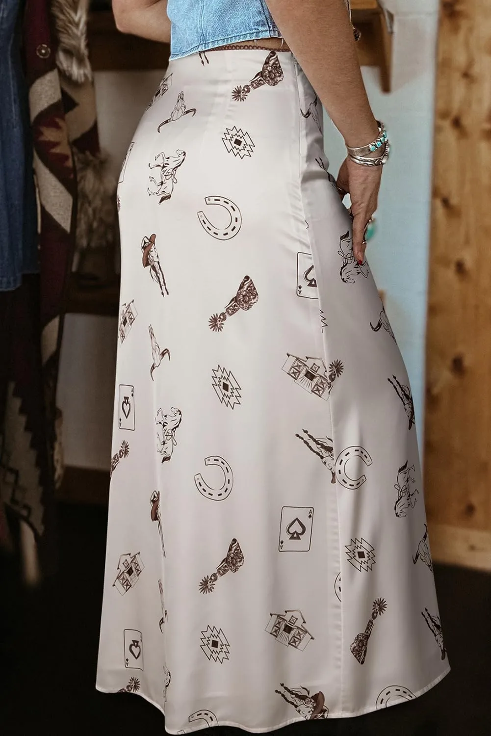 Apvirdy Western Skirts for Women Cute Printed Satin Long Skirt High Waist Slim Fit Cowboy Summer Skirts 2025
