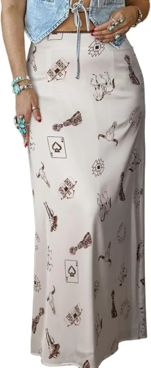Apvirdy Western Skirts for Women Cute Printed Satin Long Skirt High Waist Slim Fit Cowboy Summer Skirts 2025