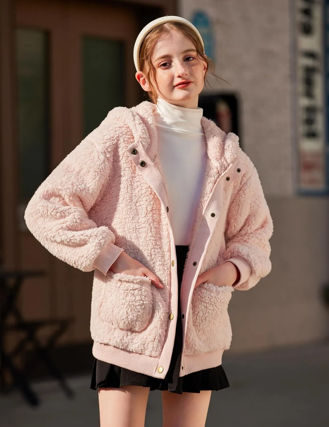 Arshiner Girls Fleece Sherpa Jacket Faux Shearling Fluffy Button Hooded Coat Fuzzy Outerwear Warm Winter Clothes With Pockets