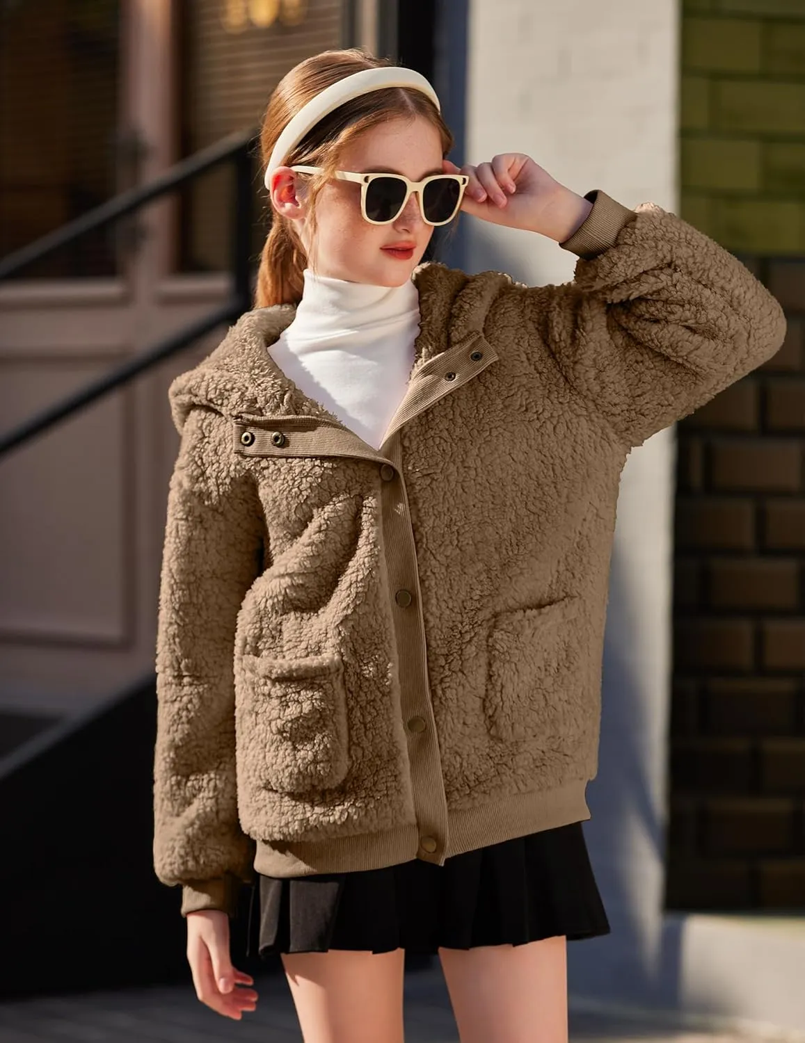 Arshiner Girls Fleece Sherpa Jacket Faux Shearling Fluffy Button Hooded Coat Fuzzy Outerwear Warm Winter Clothes With Pockets