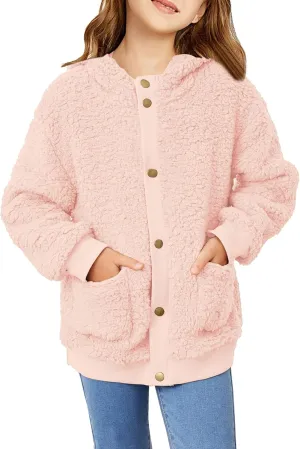 Arshiner Girls Fleece Sherpa Jacket Faux Shearling Fluffy Button Hooded Coat Fuzzy Outerwear Warm Winter Clothes With Pockets