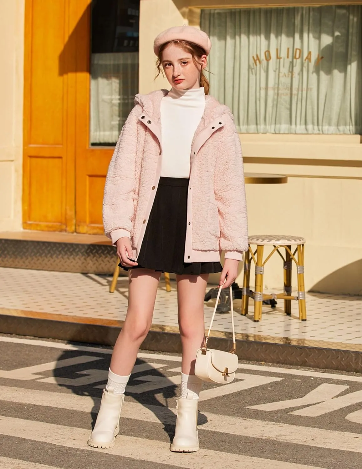 Arshiner Girls Fleece Sherpa Jacket Faux Shearling Fluffy Button Hooded Coat Fuzzy Outerwear Warm Winter Clothes With Pockets