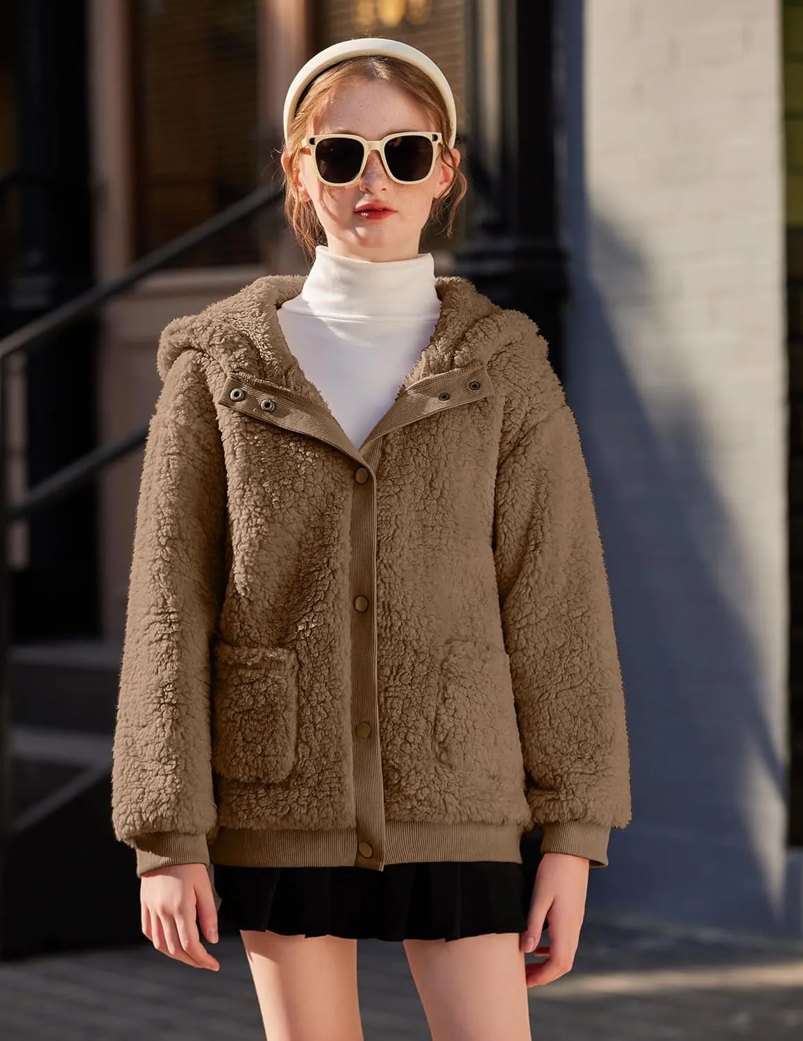 Arshiner Girls Fleece Sherpa Jacket Faux Shearling Fluffy Button Hooded Coat Fuzzy Outerwear Warm Winter Clothes With Pockets