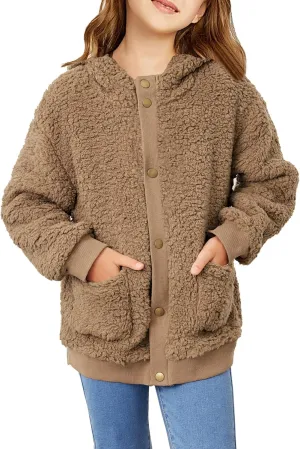 Arshiner Girls Fleece Sherpa Jacket Faux Shearling Fluffy Button Hooded Coat Fuzzy Outerwear Warm Winter Clothes With Pockets