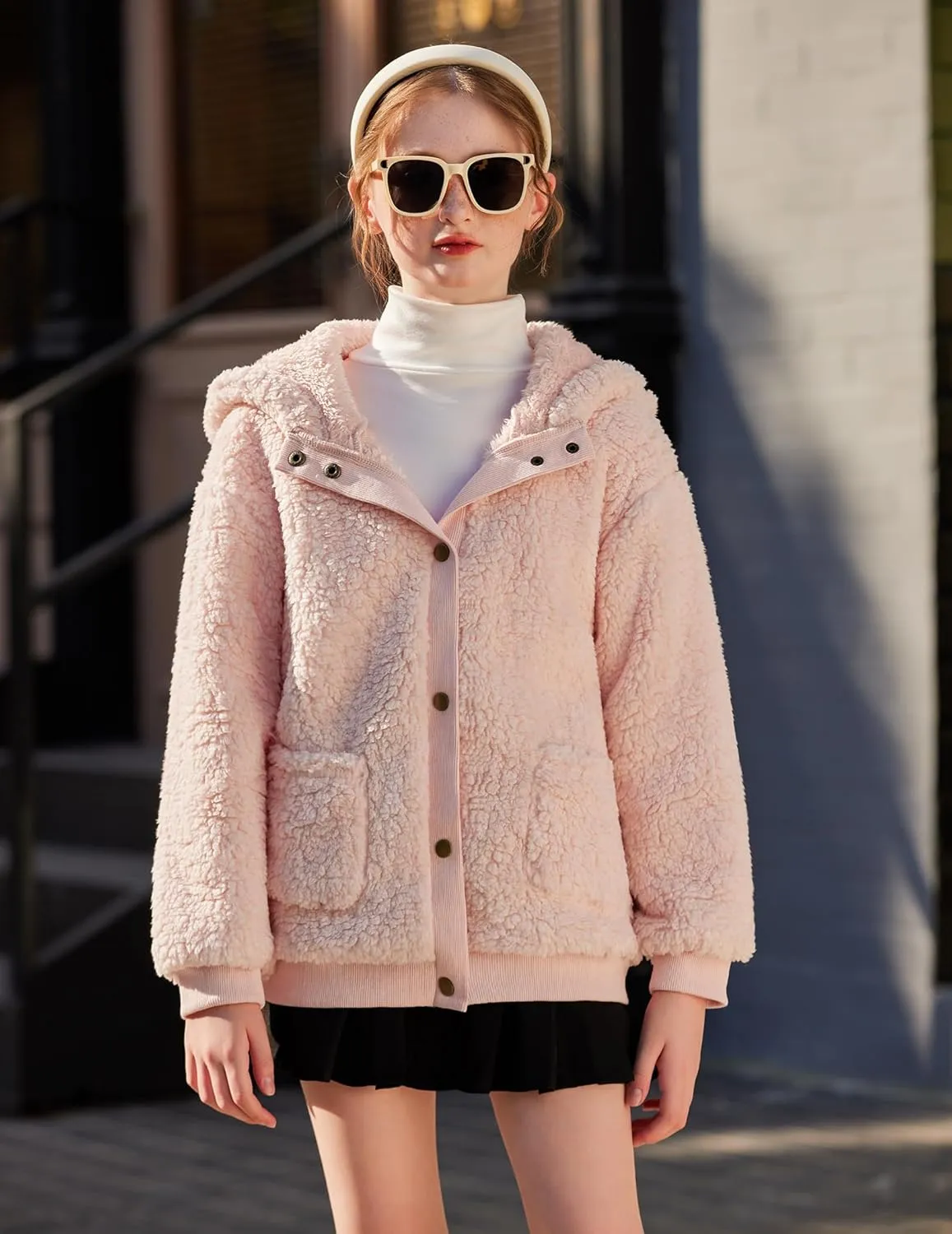 Arshiner Girls Fleece Sherpa Jacket Faux Shearling Fluffy Button Hooded Coat Fuzzy Outerwear Warm Winter Clothes With Pockets