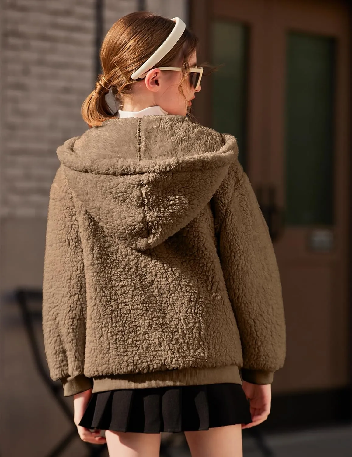 Arshiner Girls Fleece Sherpa Jacket Faux Shearling Fluffy Button Hooded Coat Fuzzy Outerwear Warm Winter Clothes With Pockets