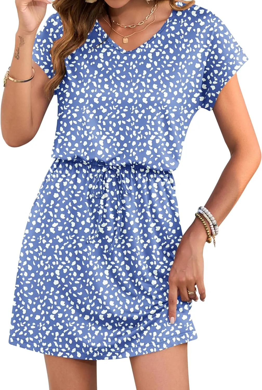 AUSELILY Women's Summer Dress 2025 Short Sleeve Tshirt Drawstring Waist Beach Cover up Casual Mini Short Dresses