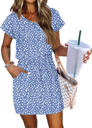 AUSELILY Women's Summer Dress 2025 Short Sleeve Tshirt Drawstring Waist Beach Cover up Casual Mini Short Dresses