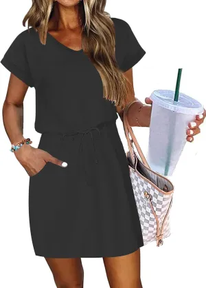 AUSELILY Women's Summer Dress 2025 Short Sleeve Tshirt Drawstring Waist Beach Cover up Casual Mini Short Dresses