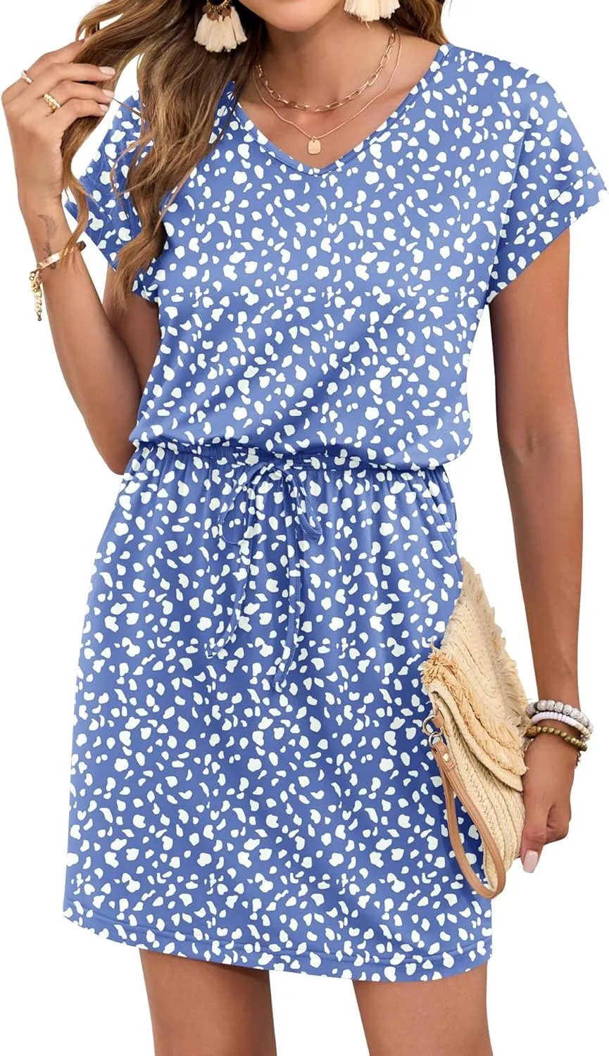 AUSELILY Women's Summer Dress 2025 Short Sleeve Tshirt Drawstring Waist Beach Cover up Casual Mini Short Dresses
