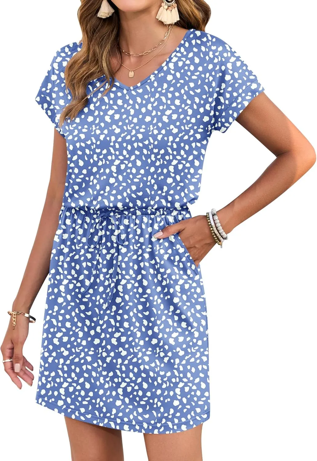 AUSELILY Women's Summer Dress 2025 Short Sleeve Tshirt Drawstring Waist Beach Cover up Casual Mini Short Dresses