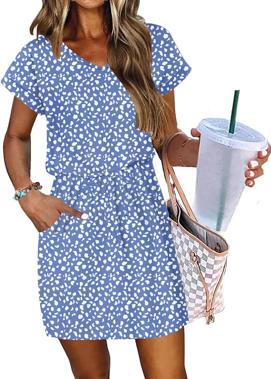 AUSELILY Women's Summer Dress 2025 Short Sleeve Tshirt Drawstring Waist Beach Cover up Casual Mini Short Dresses