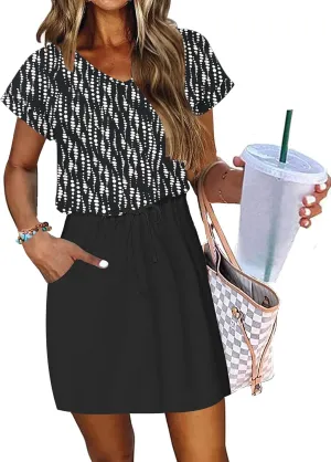 AUSELILY Women's Summer Dress 2025 Short Sleeve Tshirt Drawstring Waist Beach Cover up Casual Mini Short Dresses