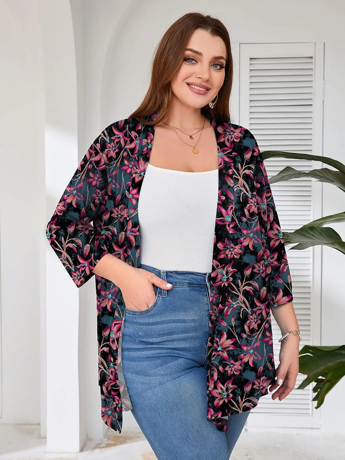 AusLook Women's Plus Size Lightweight Open Front Cardigan 3/4 Sleeve Cover Ups Shrugs Shawls and Wraps Kimono Jacket Coat