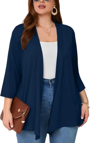 AusLook Women's Plus Size Lightweight Open Front Cardigan 3/4 Sleeve Cover Ups Shrugs Shawls and Wraps Kimono Jacket Coat