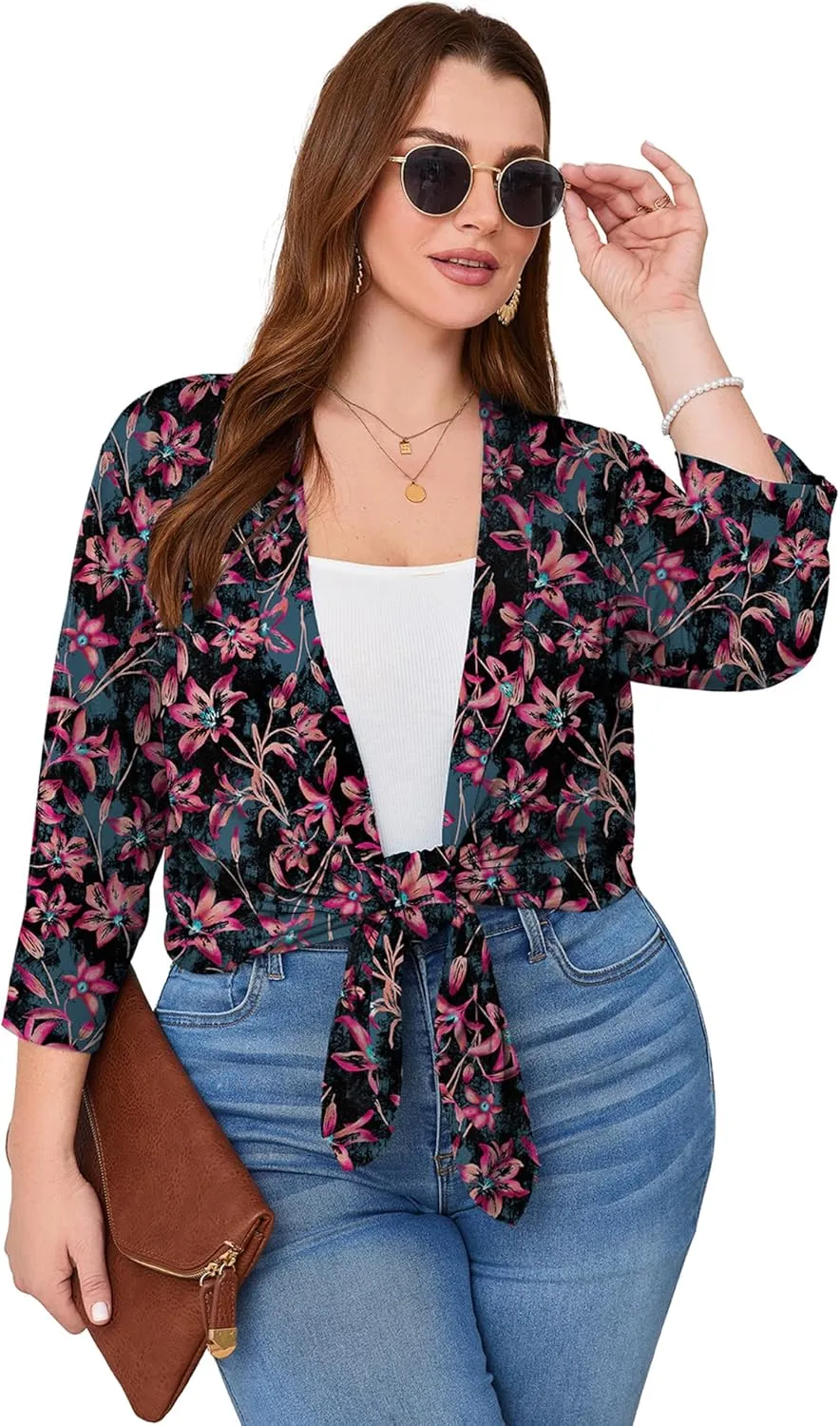 AusLook Women's Plus Size Lightweight Open Front Cardigan 3/4 Sleeve Cover Ups Shrugs Shawls and Wraps Kimono Jacket Coat