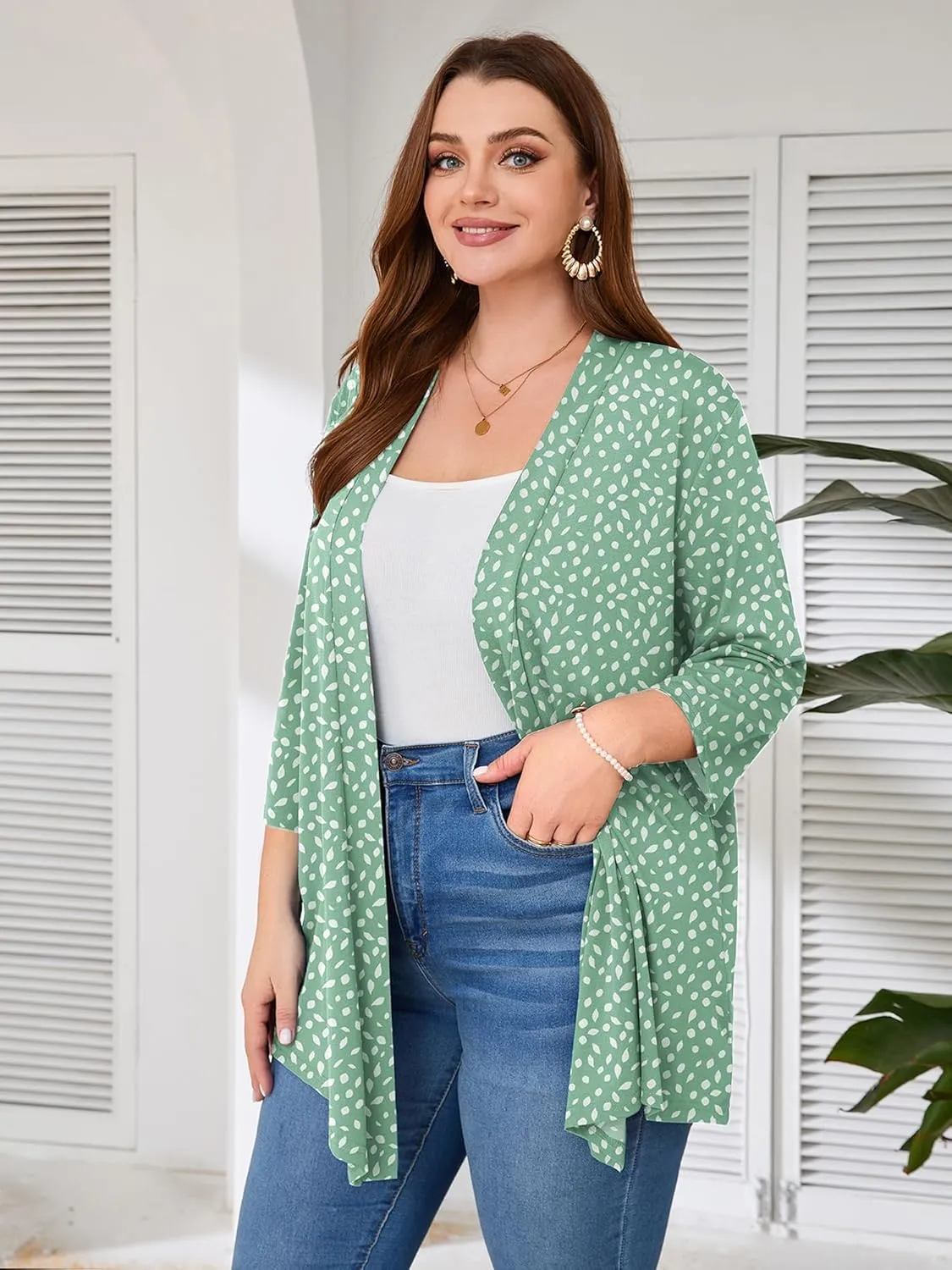 AusLook Women's Plus Size Lightweight Open Front Cardigan 3/4 Sleeve Cover Ups Shrugs Shawls and Wraps Kimono Jacket Coat