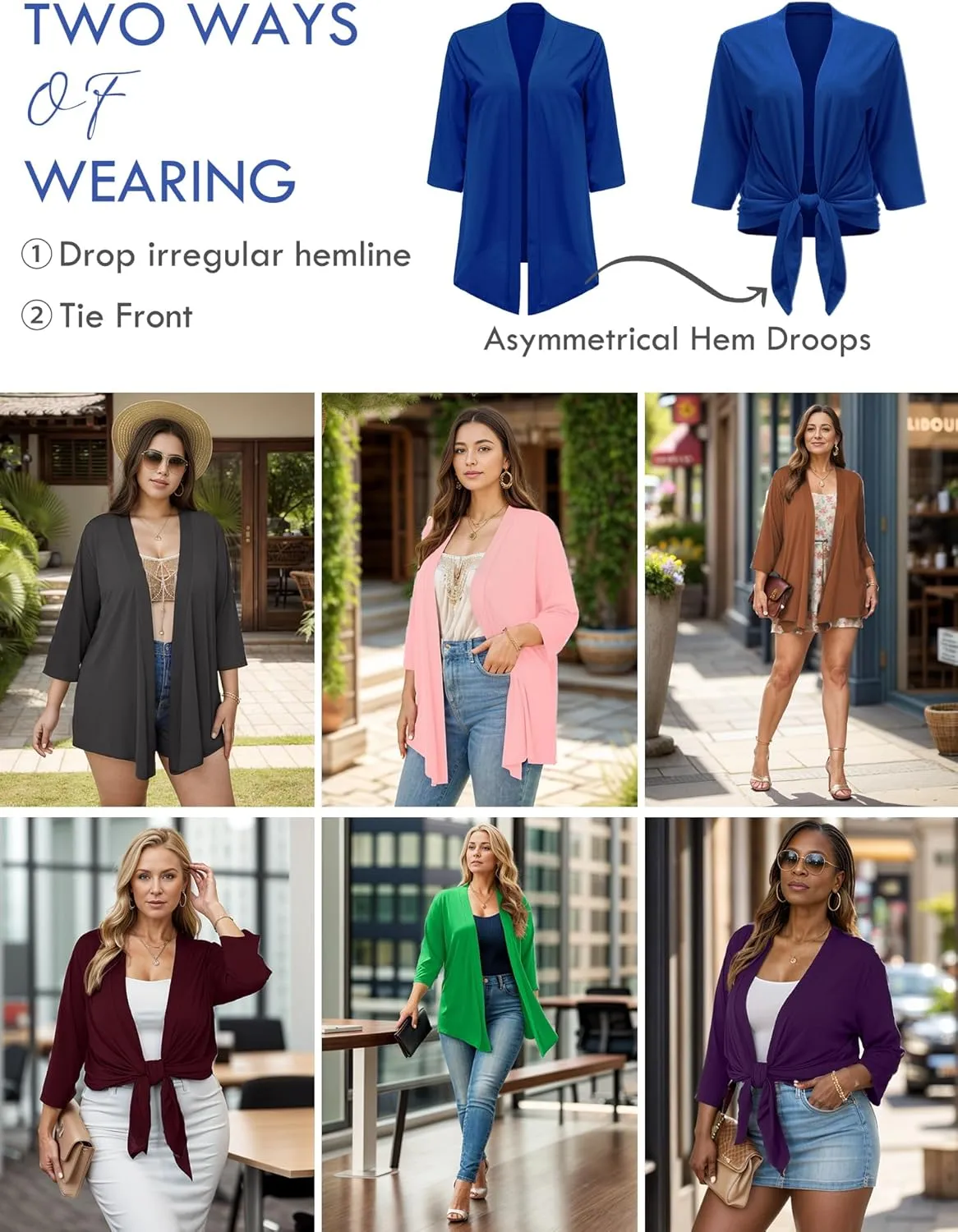 AusLook Women's Plus Size Lightweight Open Front Cardigan 3/4 Sleeve Cover Ups Shrugs Shawls and Wraps Kimono Jacket Coat