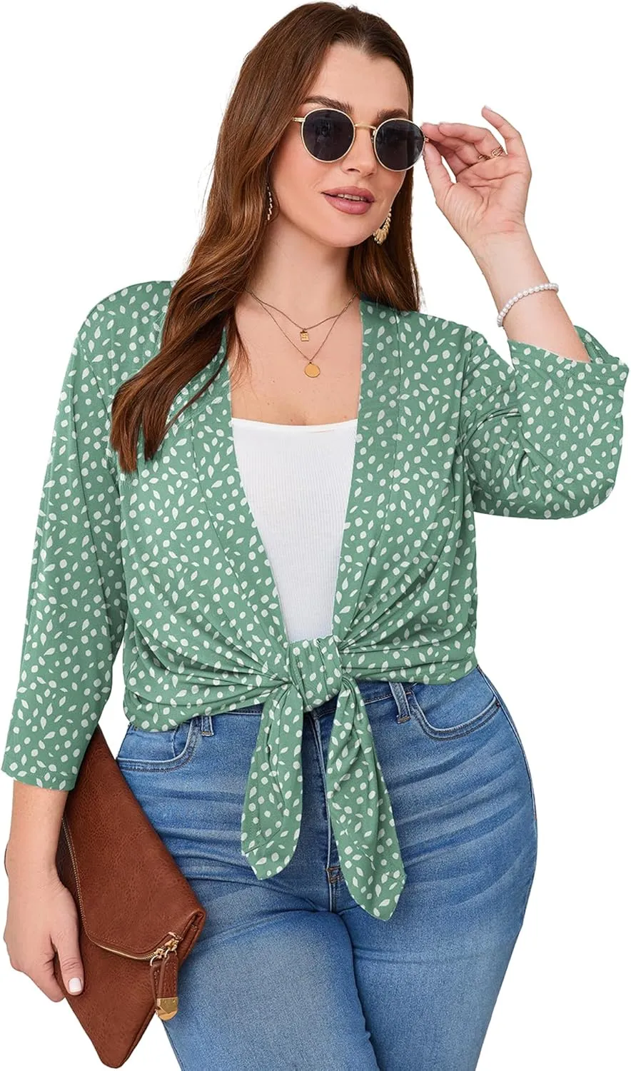 AusLook Women's Plus Size Lightweight Open Front Cardigan 3/4 Sleeve Cover Ups Shrugs Shawls and Wraps Kimono Jacket Coat
