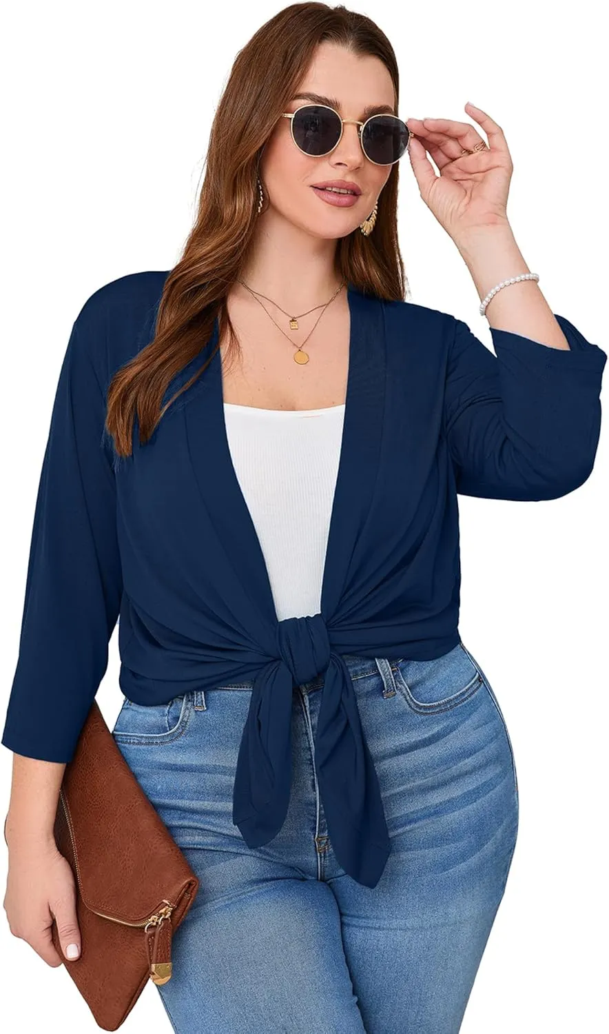 AusLook Women's Plus Size Lightweight Open Front Cardigan 3/4 Sleeve Cover Ups Shrugs Shawls and Wraps Kimono Jacket Coat