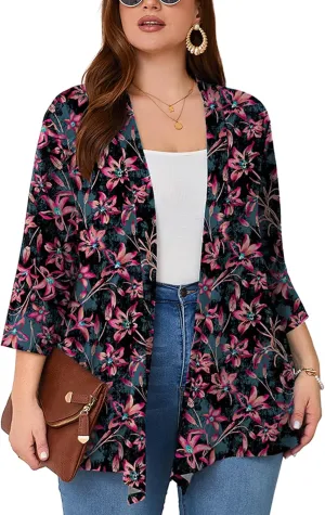 AusLook Women's Plus Size Lightweight Open Front Cardigan 3/4 Sleeve Cover Ups Shrugs Shawls and Wraps Kimono Jacket Coat