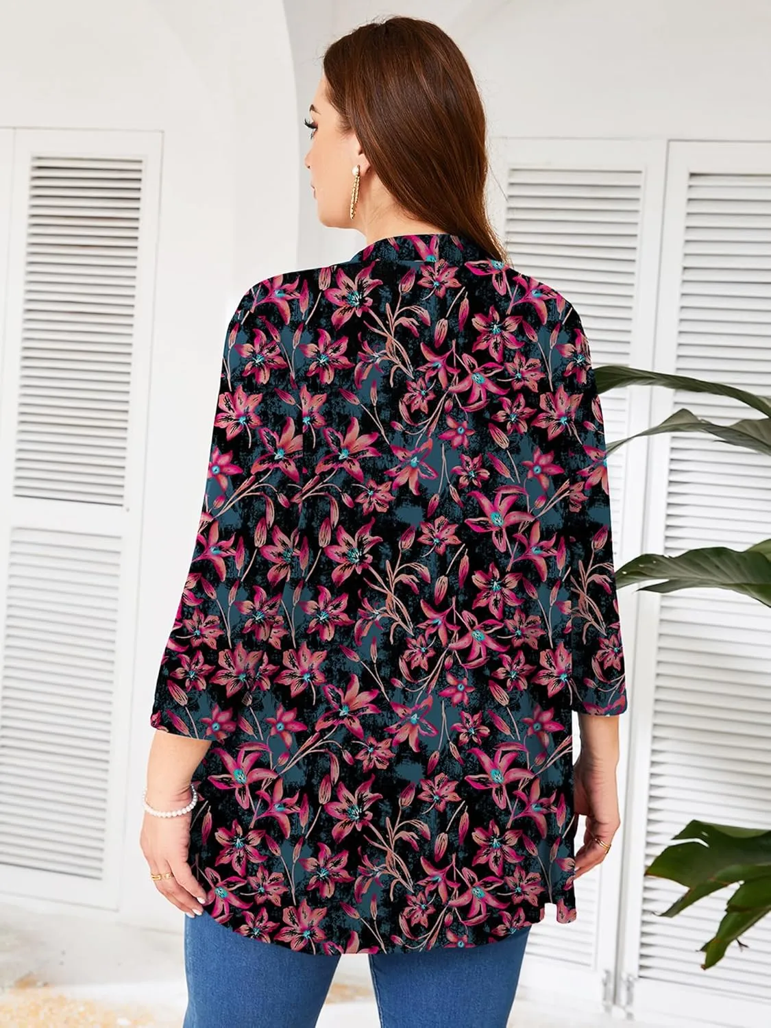 AusLook Women's Plus Size Lightweight Open Front Cardigan 3/4 Sleeve Cover Ups Shrugs Shawls and Wraps Kimono Jacket Coat