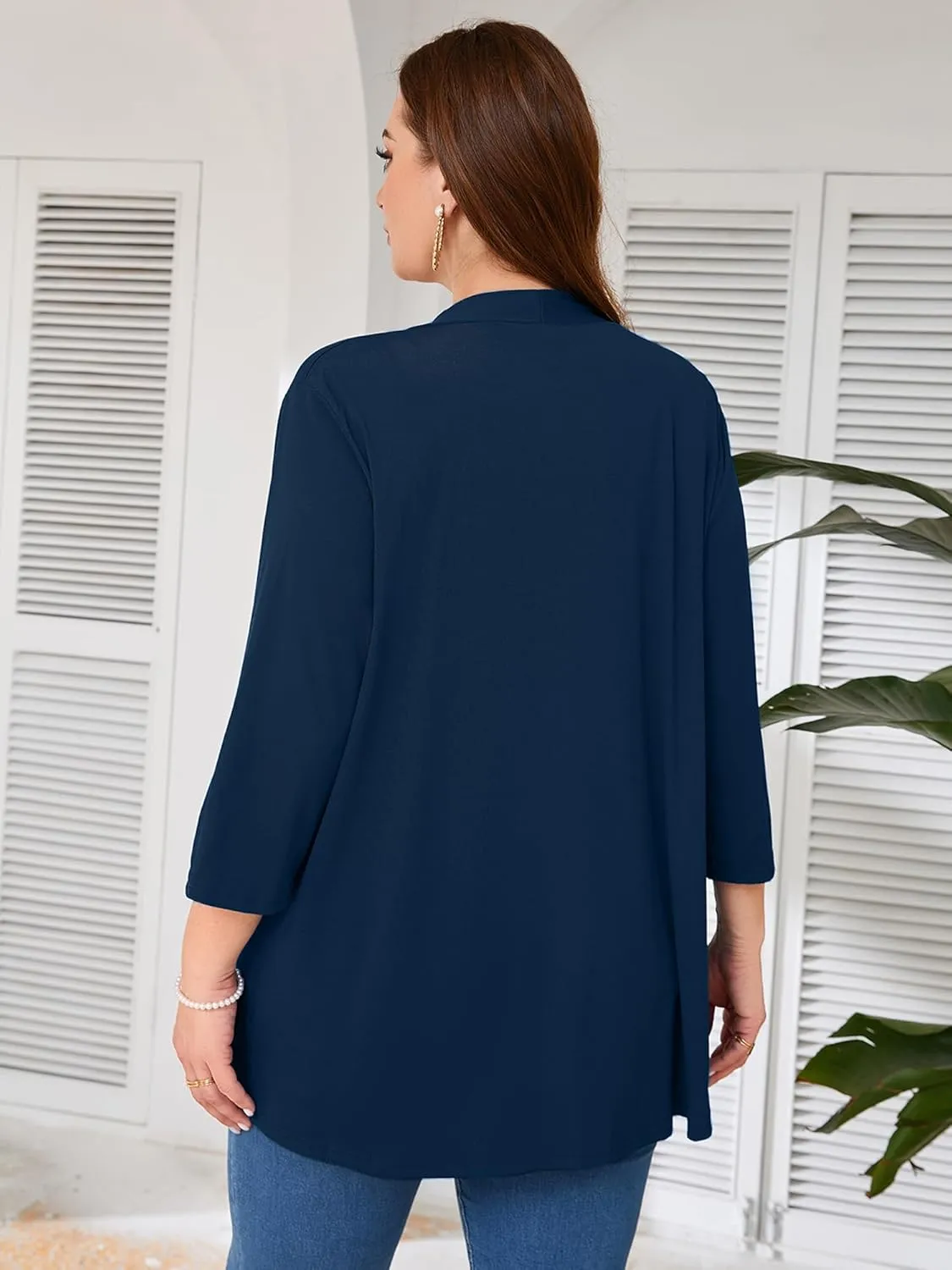 AusLook Women's Plus Size Lightweight Open Front Cardigan 3/4 Sleeve Cover Ups Shrugs Shawls and Wraps Kimono Jacket Coat