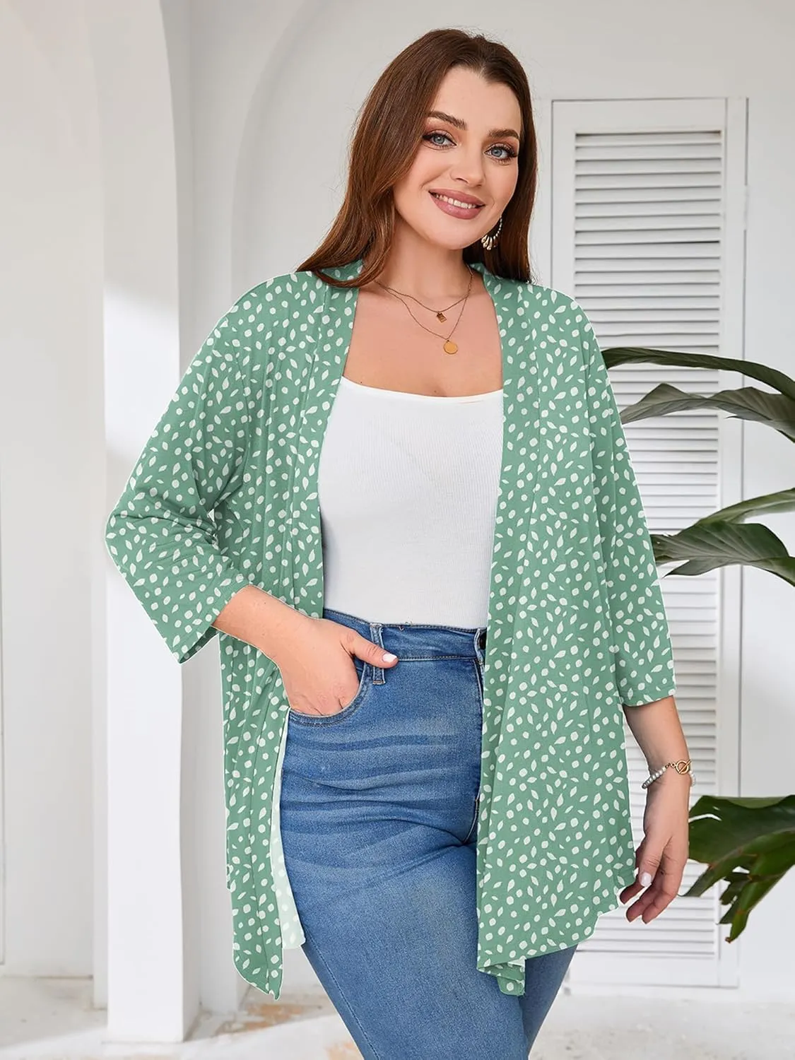 AusLook Women's Plus Size Lightweight Open Front Cardigan 3/4 Sleeve Cover Ups Shrugs Shawls and Wraps Kimono Jacket Coat