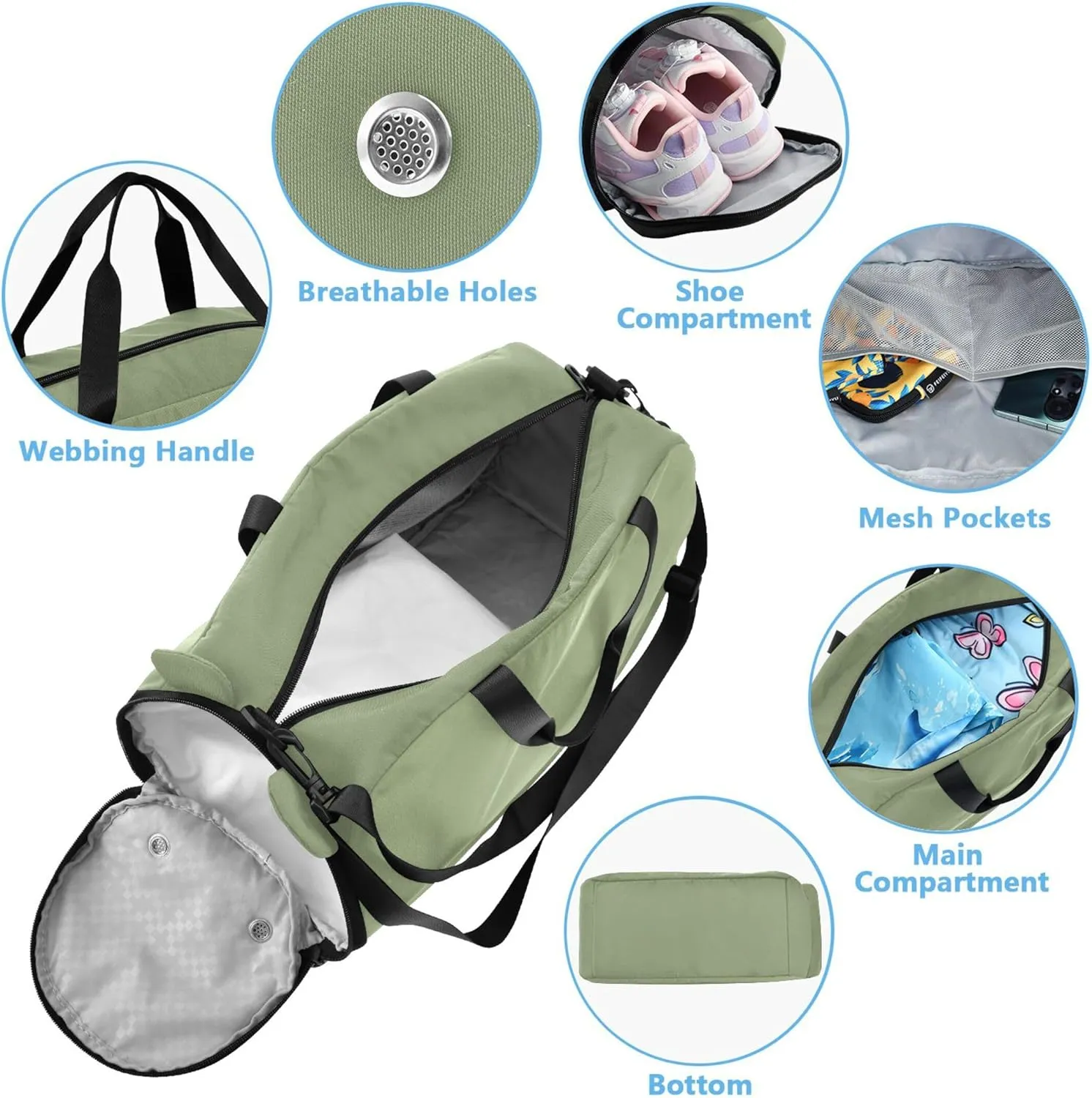 Avocado Green Solid Color Gym Duffel Bag with Shoes Compartment Lightweight Travel Duffel Bag for Travel, Sports, Fitness & Workout