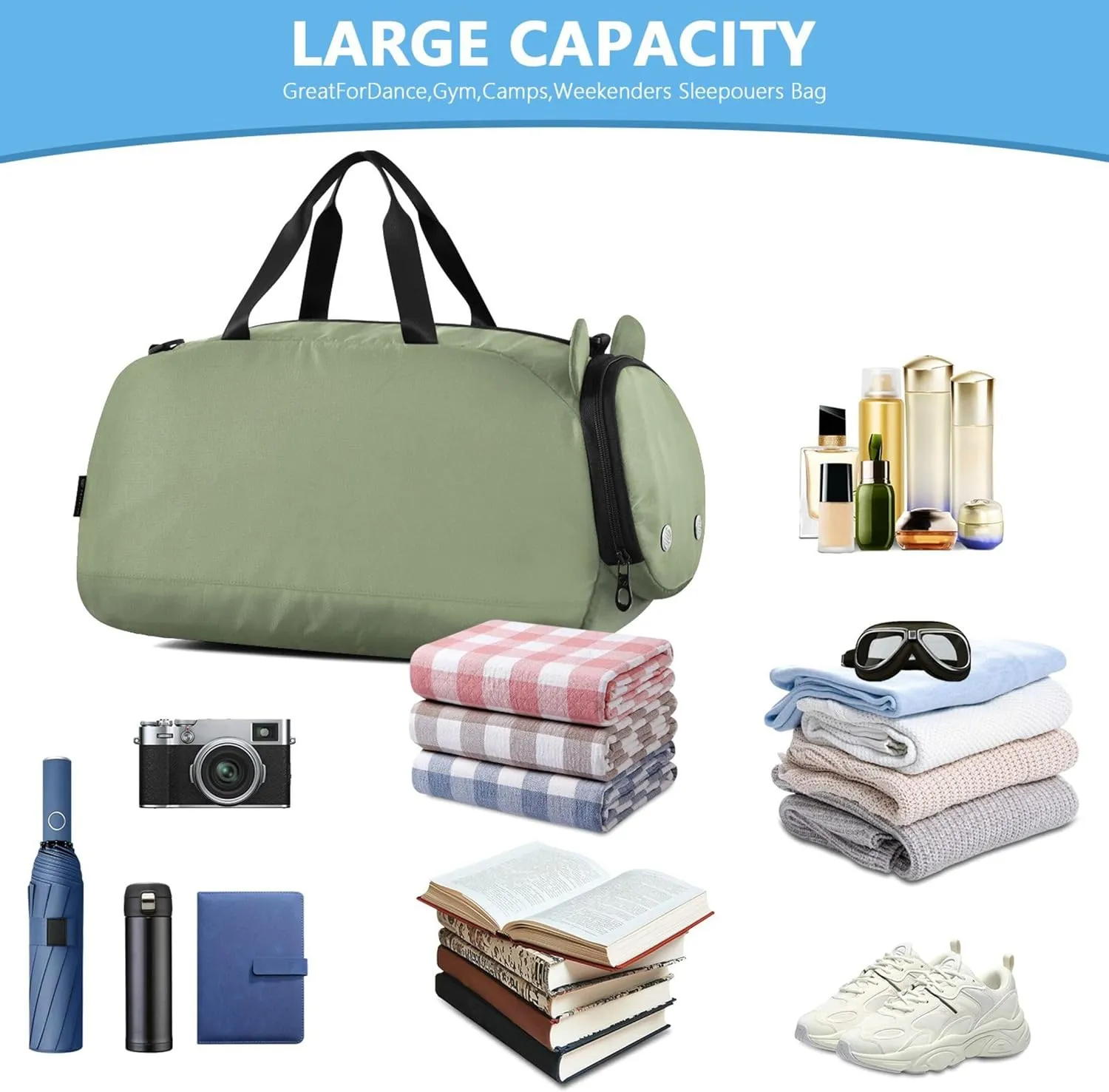 Avocado Green Solid Color Gym Duffel Bag with Shoes Compartment Lightweight Travel Duffel Bag for Travel, Sports, Fitness & Workout