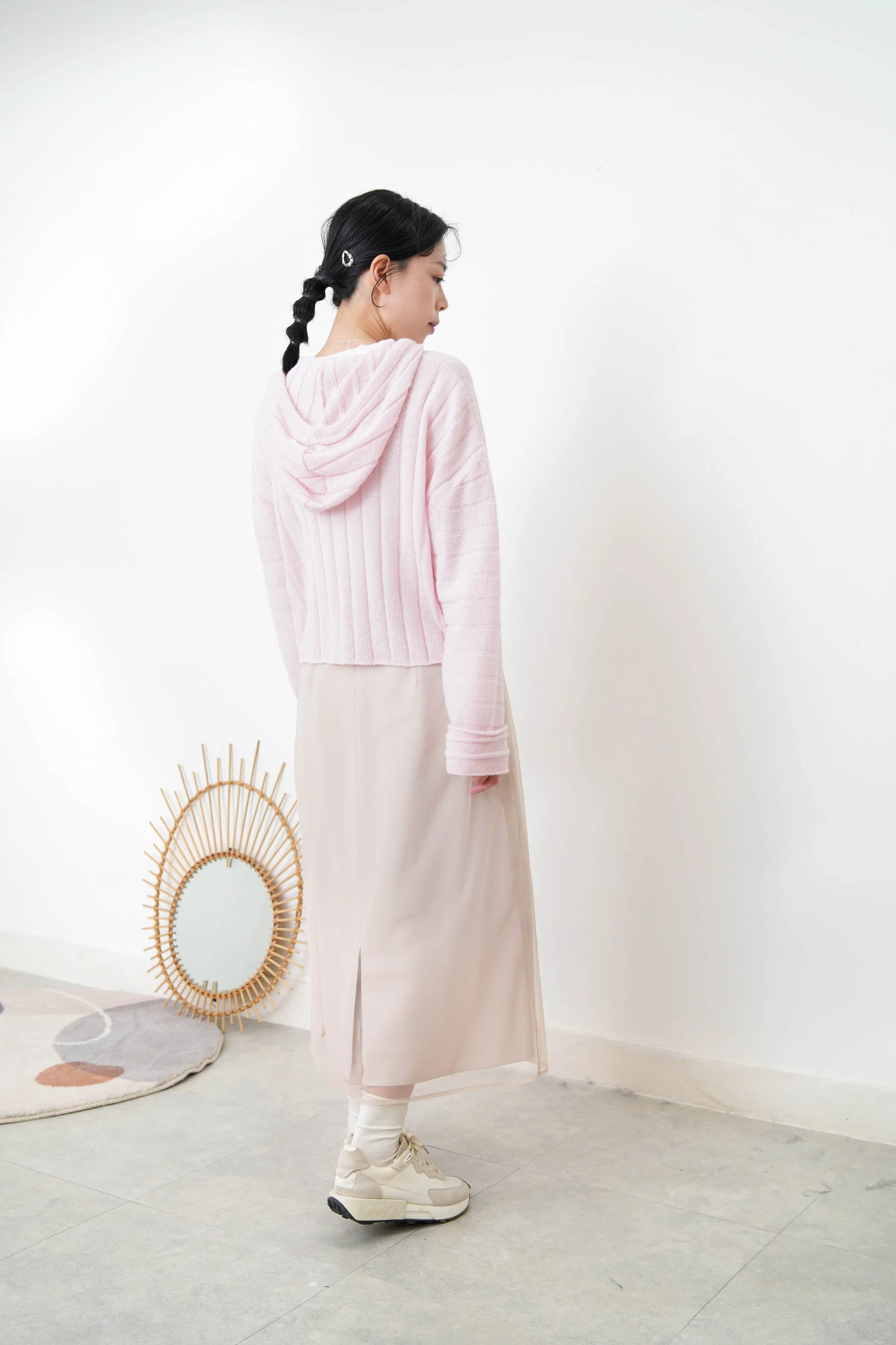 Baby pink stripes cardigan w/ hoodies