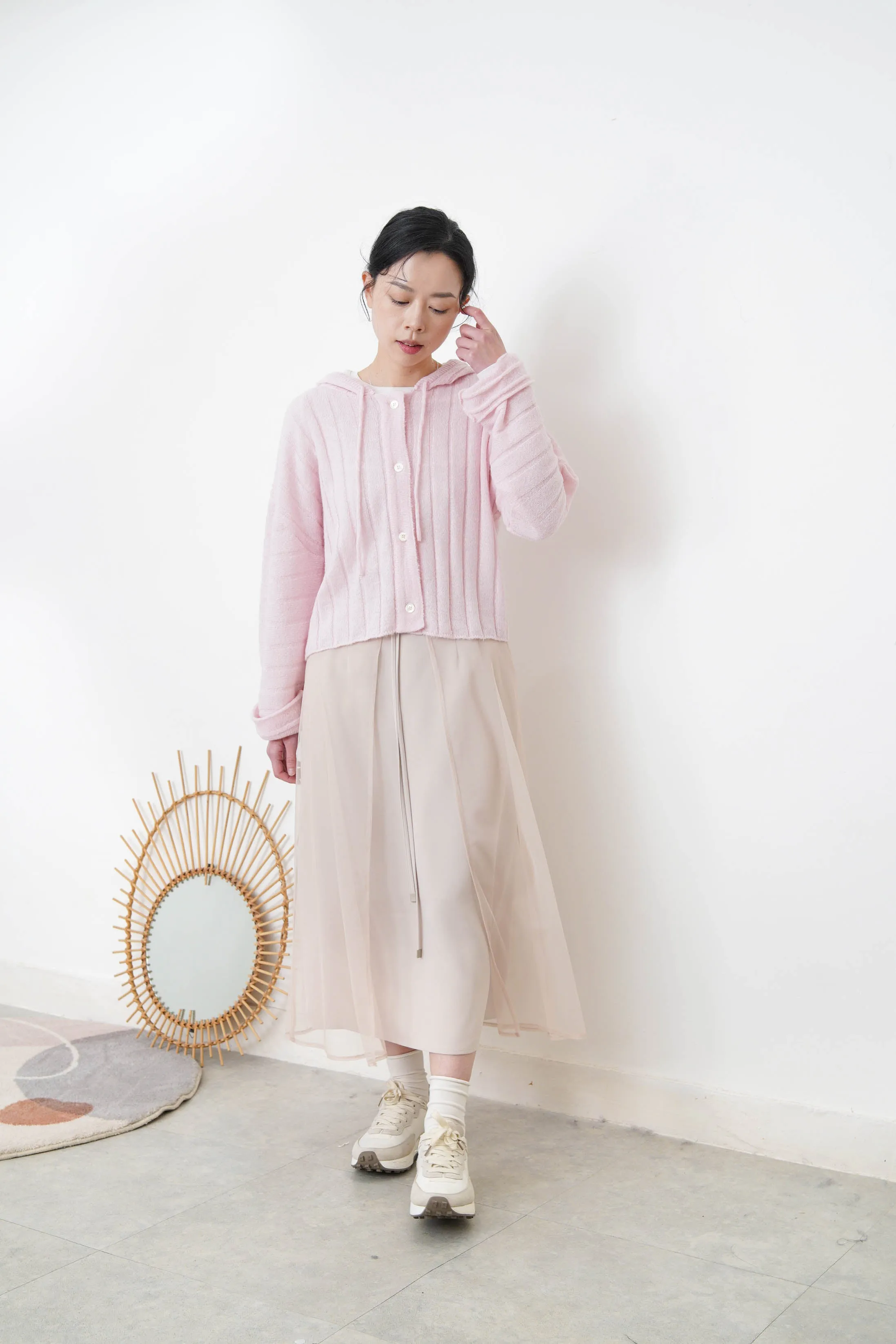 Baby pink stripes cardigan w/ hoodies