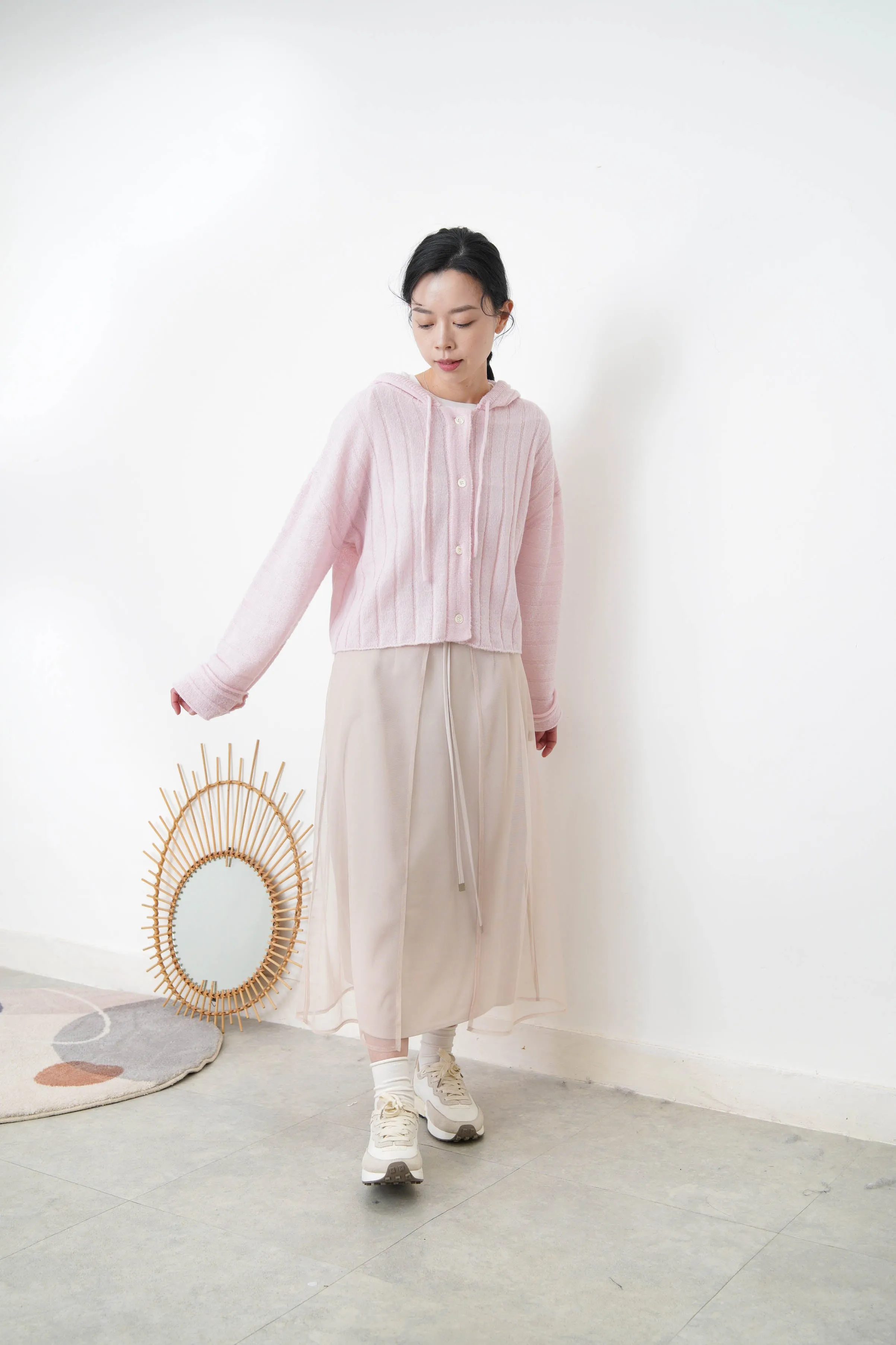 Baby pink stripes cardigan w/ hoodies