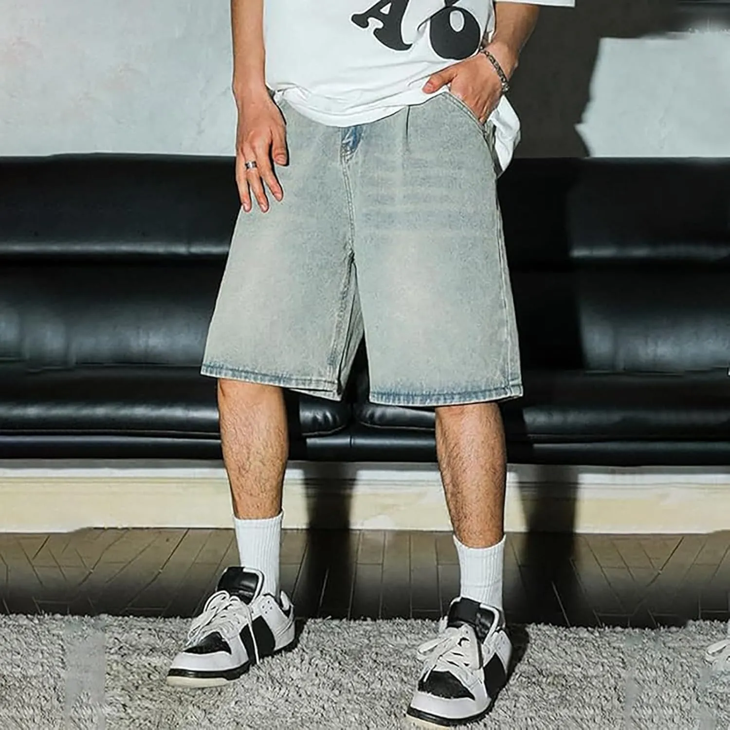 Baggy Jean Shorts for Men Casual Summer Loose Fit Hip Hop Wide Leg Denim Shorts Trendy Outfits