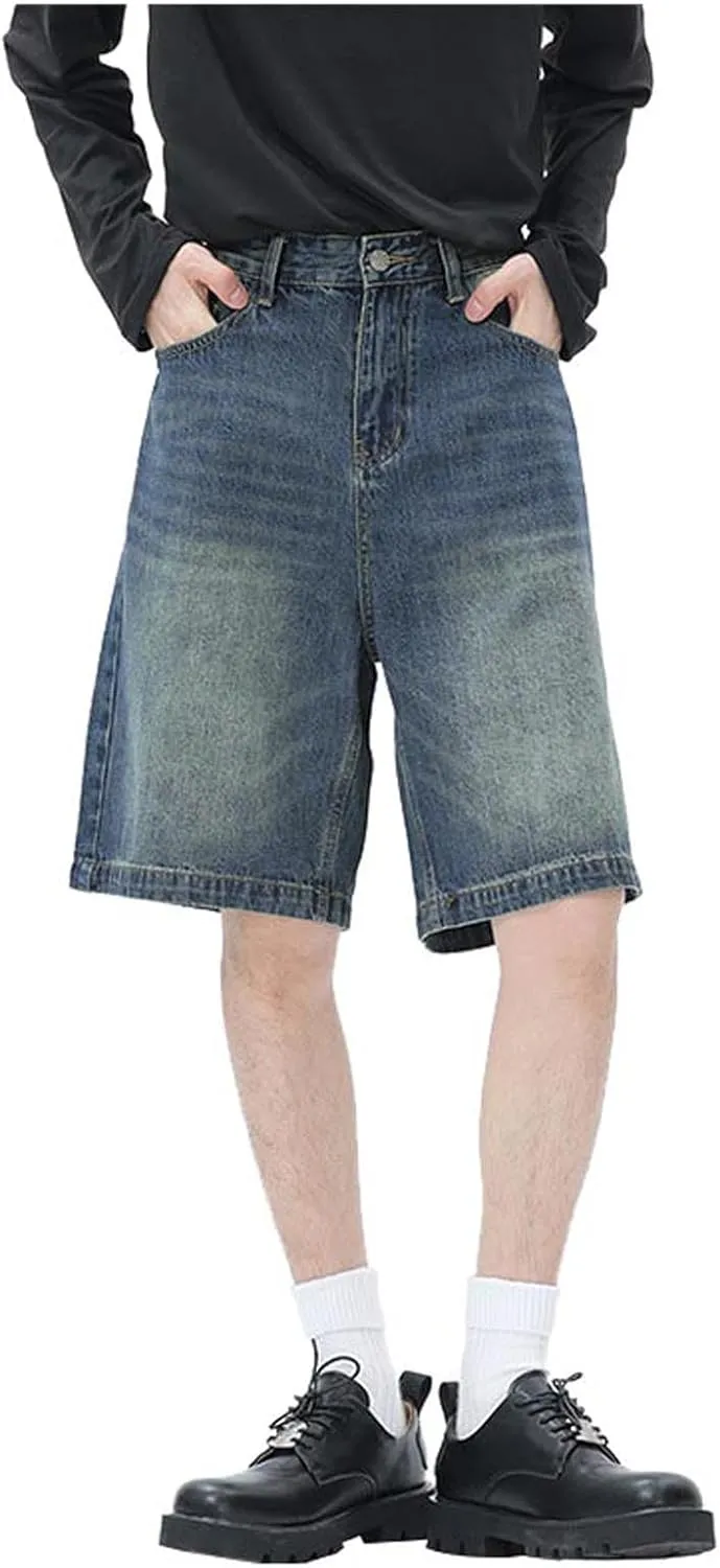 Baggy Jean Shorts for Men Casual Summer Loose Fit Hip Hop Wide Leg Denim Shorts Trendy Outfits