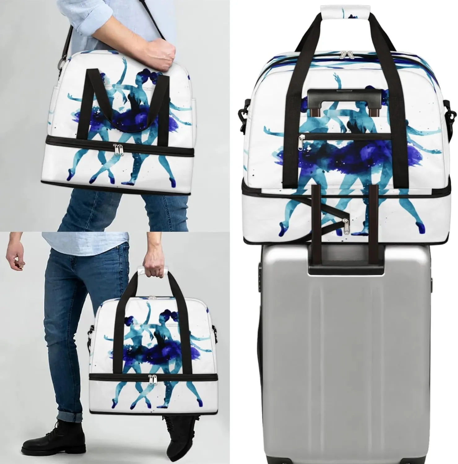 Ballerina Girl Foldable Travel Duffel Bag, Expandable Sports Gym Bag with Shoes Compartment Weekender Overnight Totes Bags for Women Men
