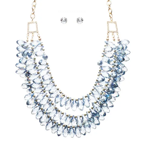 Beautiful Multi Layered Bib Design Cluster Bead Statement Necklace Set Blue