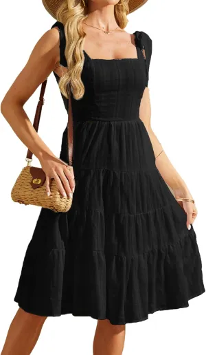 Beautiful Nomad Women's Summer Dress Boho Spaghetti Tie Straps Square Neck Flowy Ruffle Sundress Dresses with Pockets