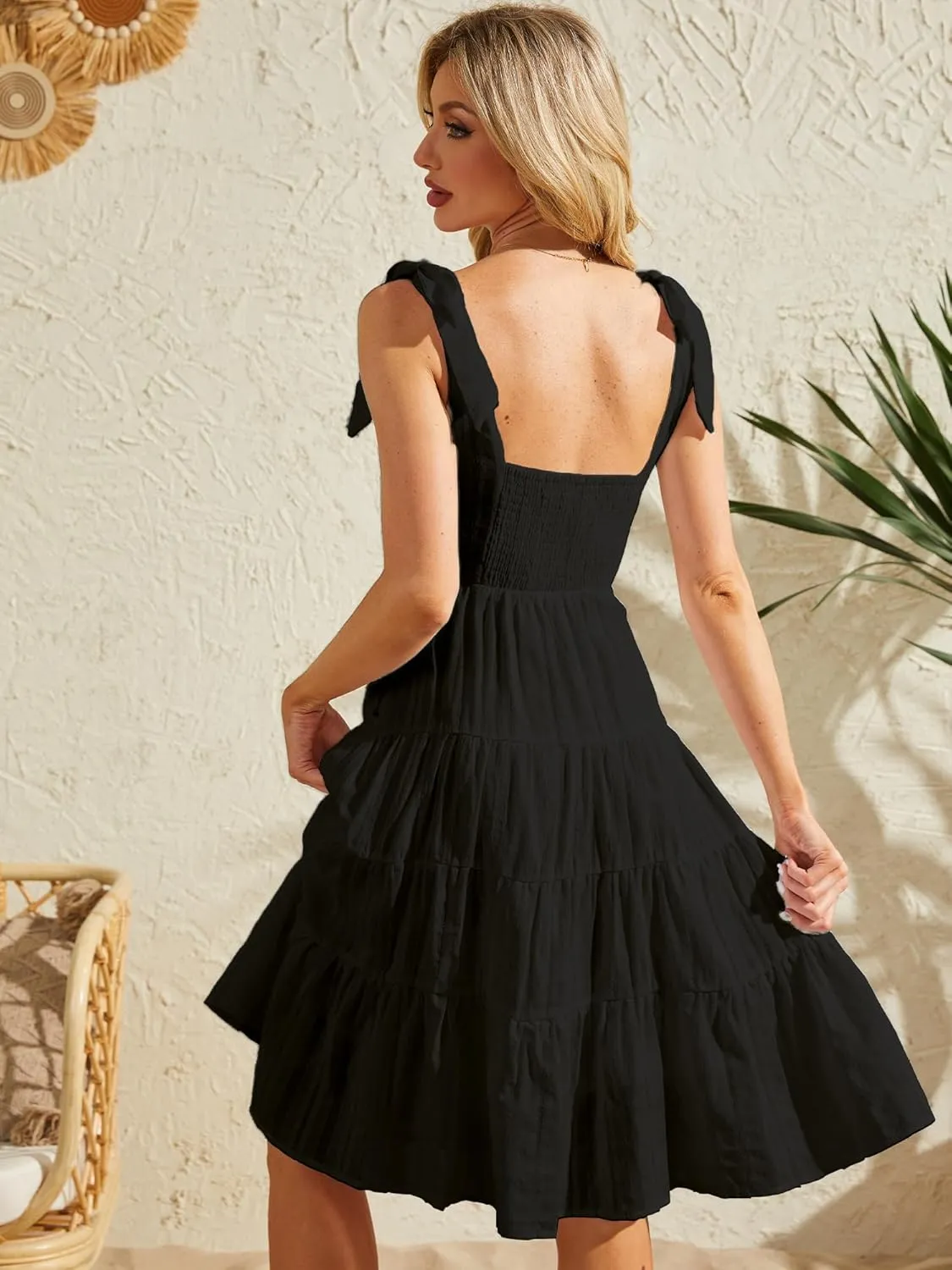 Beautiful Nomad Women's Summer Dress Boho Spaghetti Tie Straps Square Neck Flowy Ruffle Sundress Dresses with Pockets