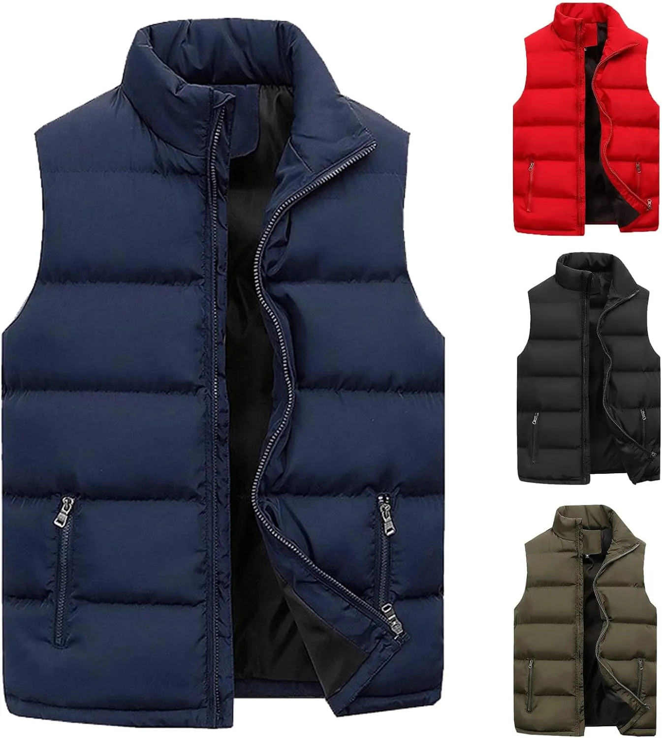 BIFUTON Men's Puffer Vest Casual Solid Color Zip-Up Collar Sleeveless Cotton Padded Coat Outdoor Travel Puffy Quilted Jacket