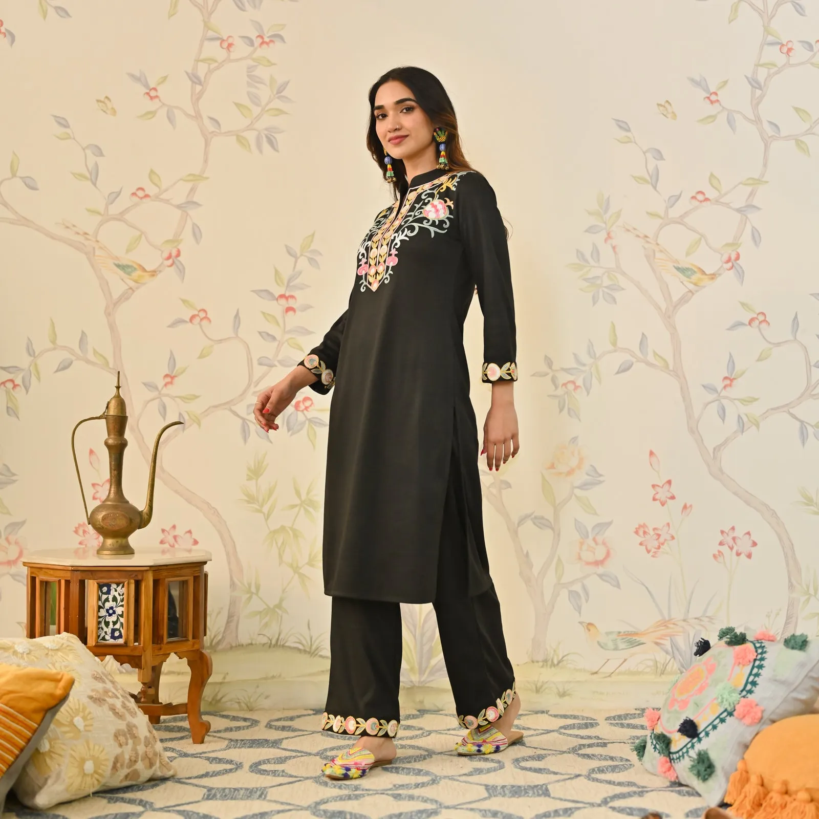 Black Woollen Aari Embroidered Straight Kurta Pant Set with Mandarin Collar