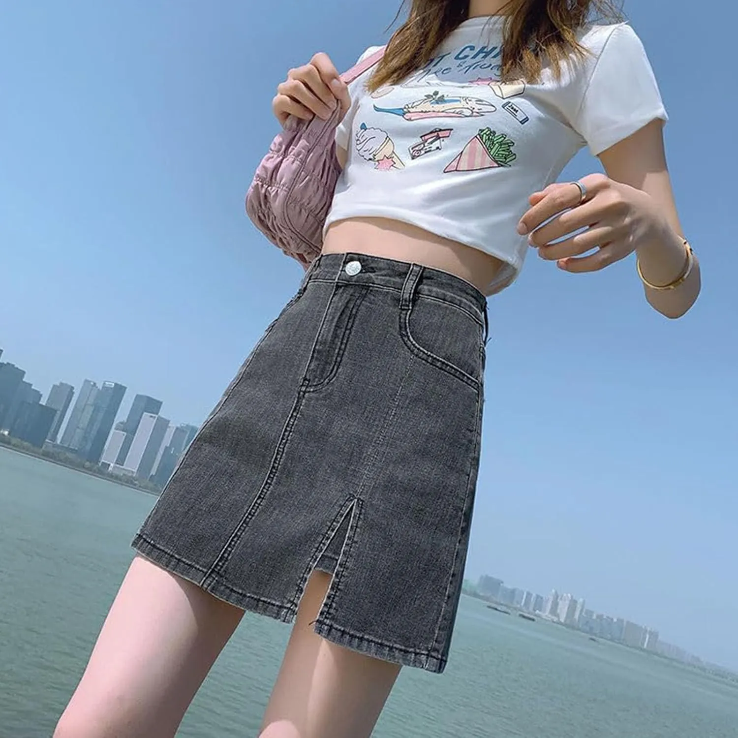 Bloomy Skorts,Bloomy Jean Skorts,Side Slit Stretch High Waisted Trendy Summer Denim Skirt Women with Shorts