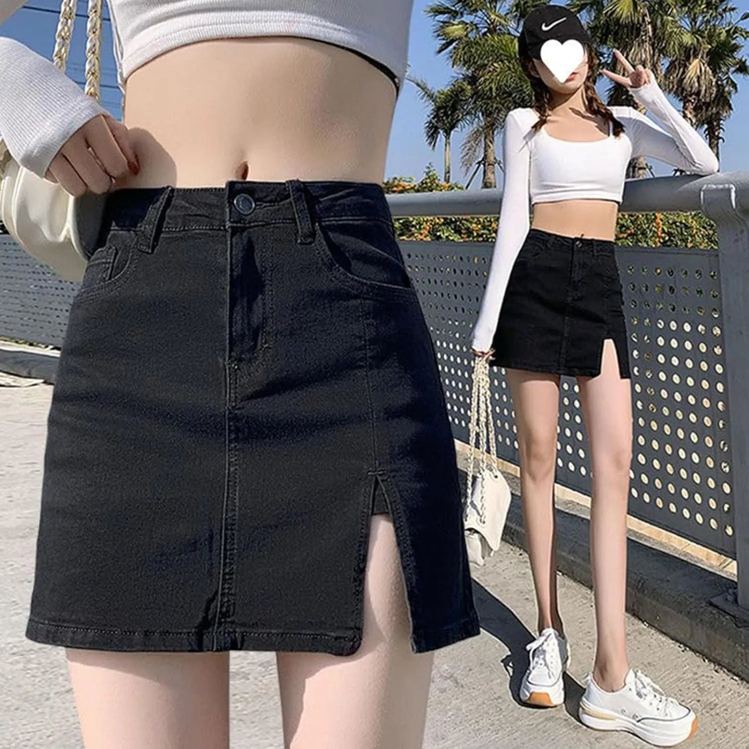 Bloomy Skorts,Bloomy Jean Skorts,Side Slit Stretch High Waisted Trendy Summer Denim Skirt Women with Shorts