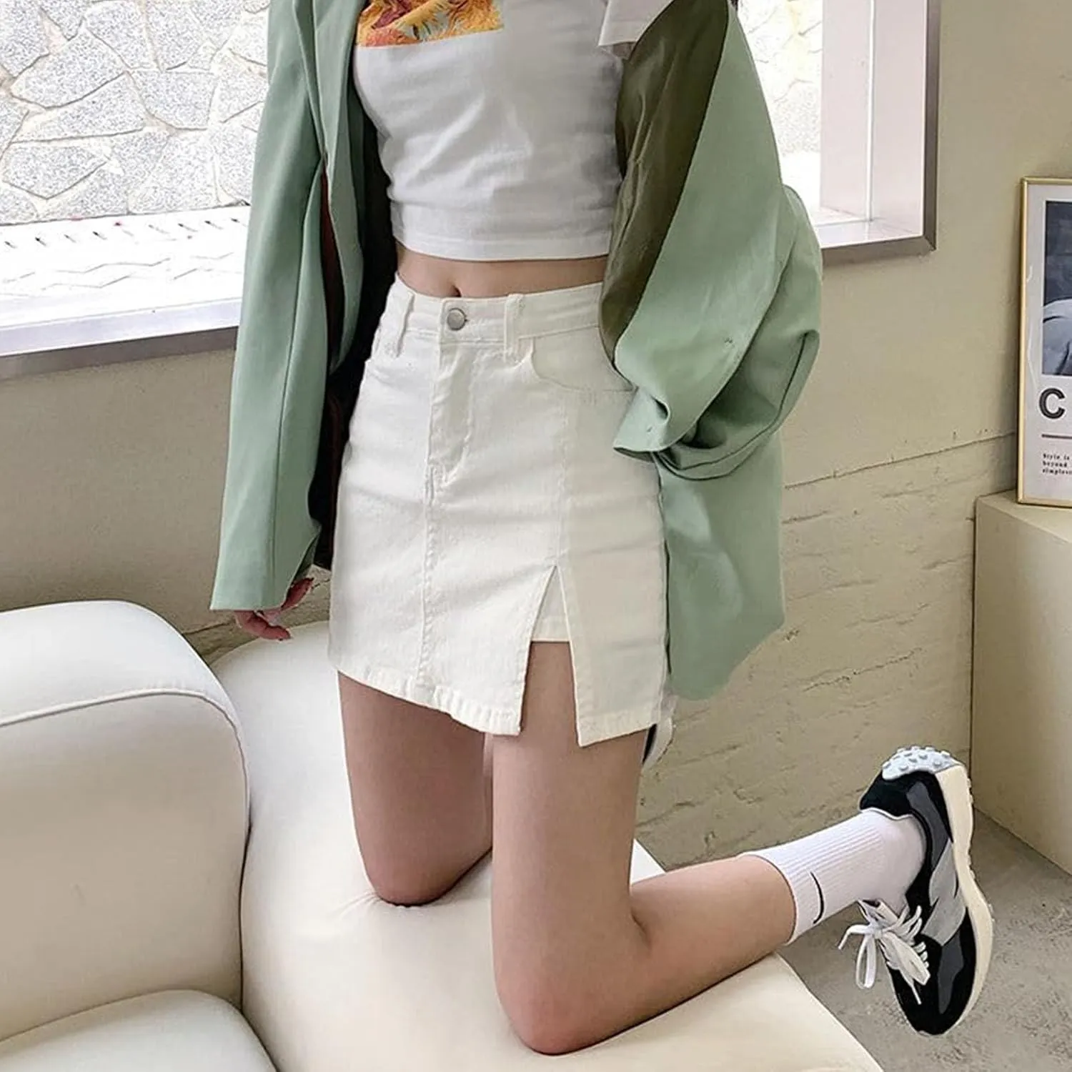 Bloomy Skorts,Bloomy Jean Skorts,Side Slit Stretch High Waisted Trendy Summer Denim Skirt Women with Shorts