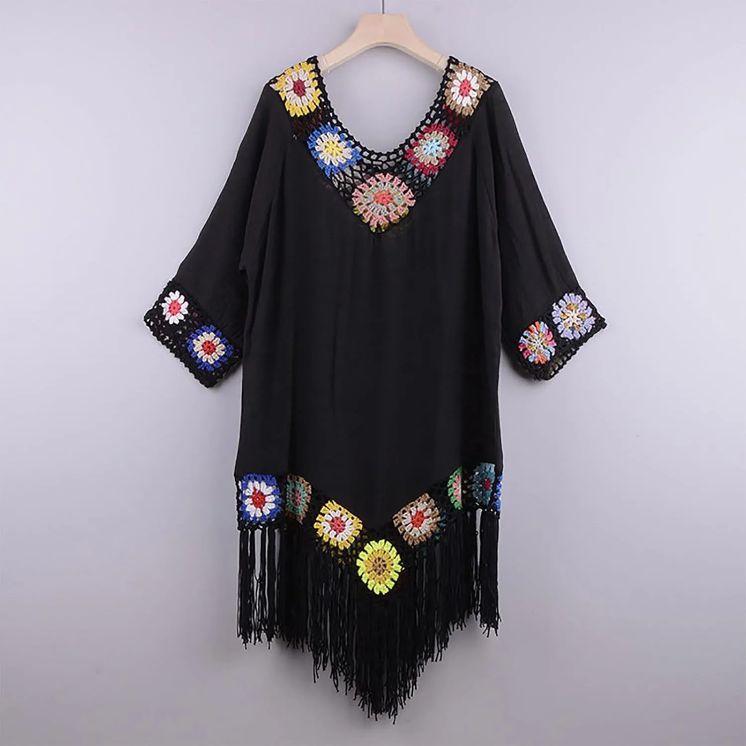 Bohemian Summer Dress for Women Boho Short Dress Floral Short Sleeve Sundress Casual Loose Tassel Beach Dress Swimwear Tunic